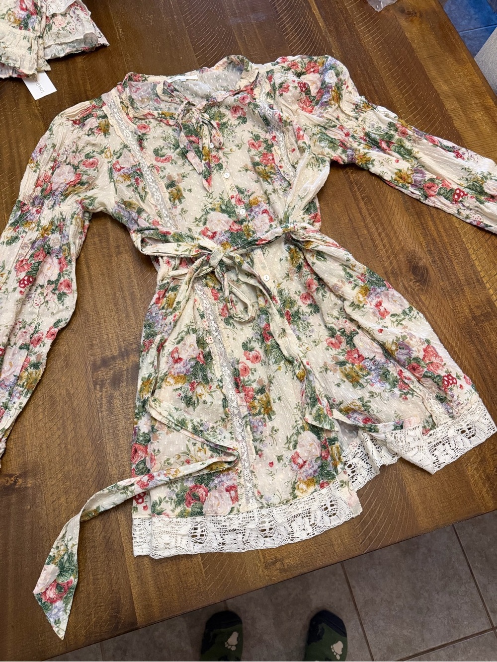 LoveShackFancy Cream Floral Lace-Trim Women’s Dress with Pink & Green Print